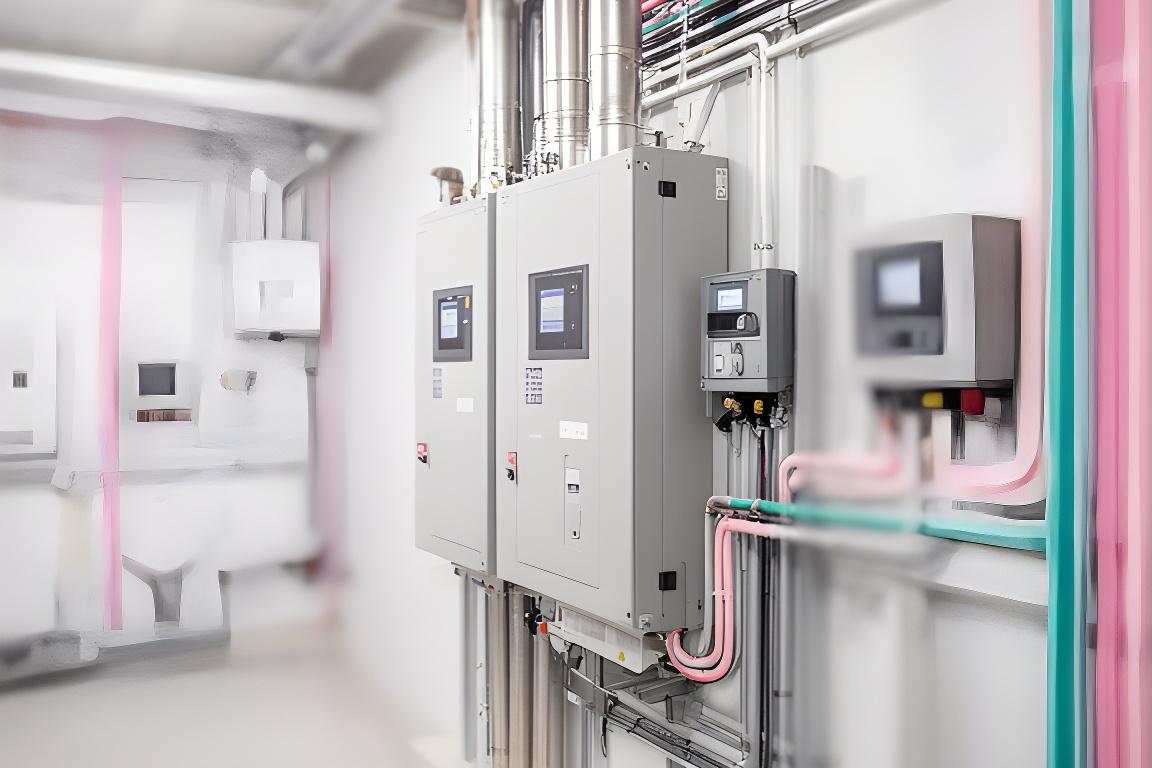 Moderne HLK-Anlage in einem hellen Wiener Technikraum mit sauber verlegten Leitungen und Schaltschränken