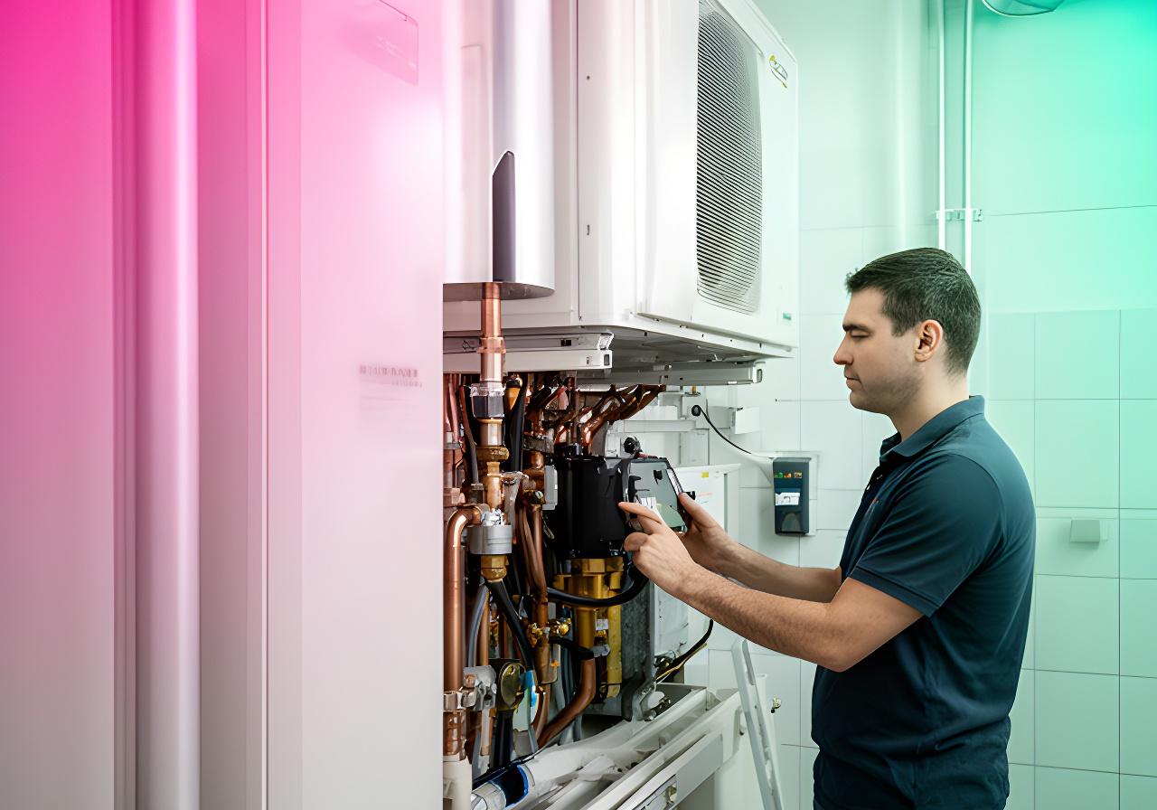 Technikerin prüft eine moderne Wärmepumpe in einem hellen Wiener Technikraum