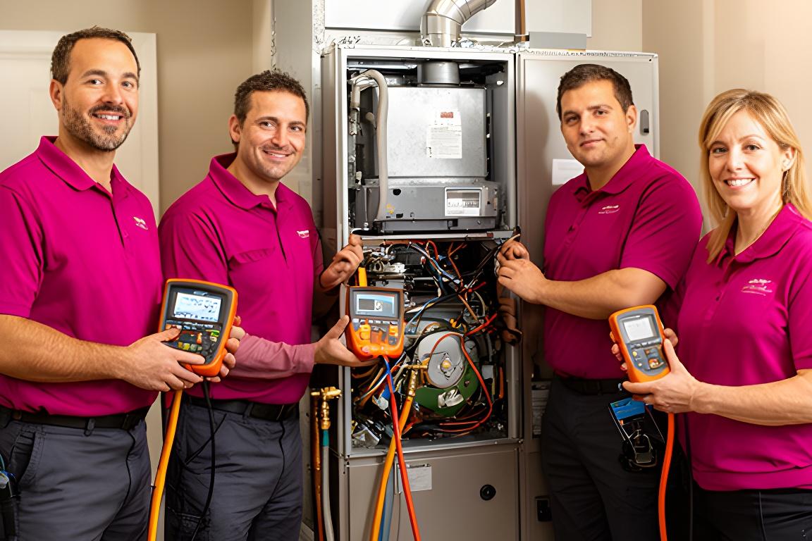 Technikerin und Techniker vor einer modernen Heizungsanlage im Wiener Objekt mit Prüfgeräten