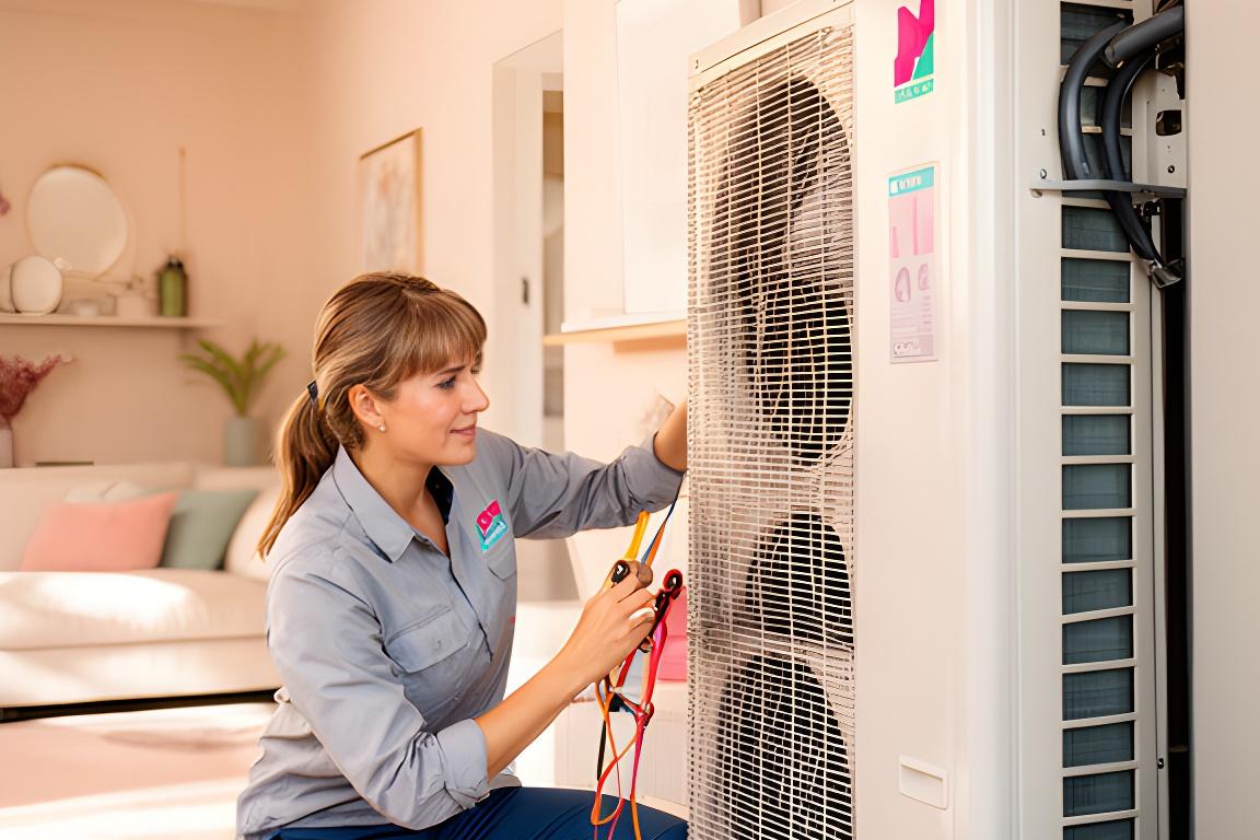 Technikerin prüft eine moderne Wärmepumpe in einem hellen Wiener Wohnraum